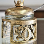 Honey Dish Pomegranate Shape Stainless Steel Brushed Gold On Stand w Spoon