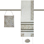 Embroidered Raw Silk Women Tallit Prayer Shawl Set ,Flowers White 