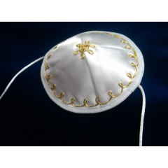 Baby Kippah, White Satin with Gold