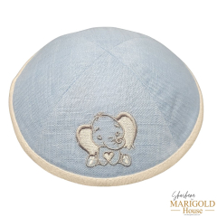 Baby Elephant Kippah, Sky Blue Linen with White Trim