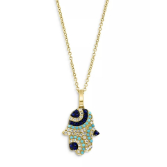 Blue Turquoise Gemstones Hamsa Necklace , 14K Gold Plated