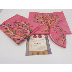 Embroidered Raw Silk Tallit Tree of Life Pink