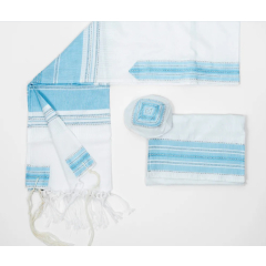 Elia - Silk Tallit  Set - Light Blue with Silver on White