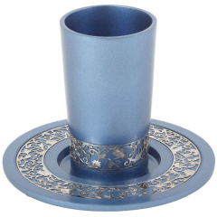 Kiddush Cup Blue with Silver Lace Design