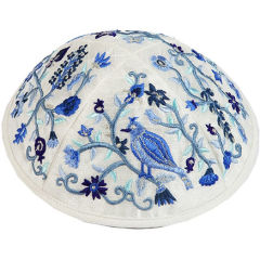 Embroidered Kippah Bird-Flowers, Blue