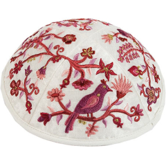 Embroidered Kippah Bird-Flowers, Pink