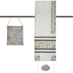 Embroidered Raw Silk Women Tallit Prayer Shawl Set ,Flowers White 