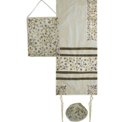 Embroidered Raw Silk Women Tallit Prayer Shawl Set ,Flowers White 