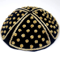 Grooms Kippah Dotted, Black with Gold Stitching