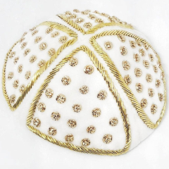 Grooms Kippah Dotted, White with Gold Stitching