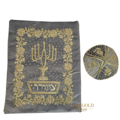 Grooms Kippah & Tallit DELUXE Design Bag Set, Grey with Gold