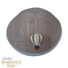Hot Air Ballon Grey Kippah with Light Blue Linen Trim