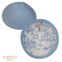 Light Blue Linen Kippah with Toile Lining