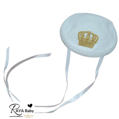 Baby Kippah, White Linen with Gold Crown