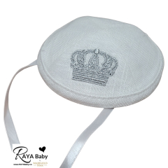 Baby Kippah, White Linen with Silver Crown