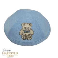 Blue Linen Kippah Teddy Bear with Bow Tie (Premium Collection)