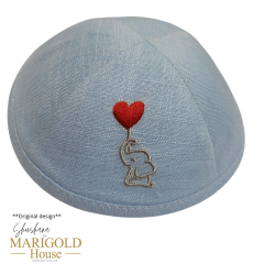 Baby Elephant & Red Balloon Heart Kippah, Blue Linen