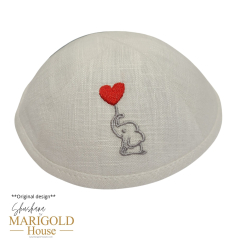 Baby Elephant & Red Balloon Heart Kippah, White Linen