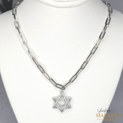 Studded Silver Star of David with Silver Paper Clip Necklace