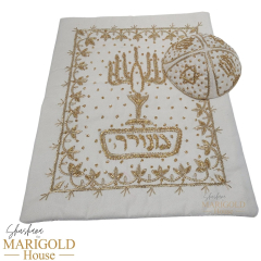 Grooms Kippah & Tallit Bag Set, White with Gold Stitching