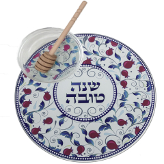 Shana Tova Blue & Red Honey Dish & Serving Plate