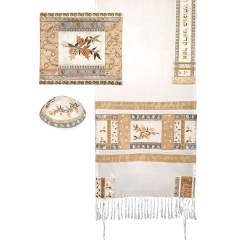 Embroidered Cotton Tallit Prayer Shawl Set, Pomegranates Gold