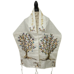 Embroidered Raw Silk Tallit Tree of Life, Multi-Color