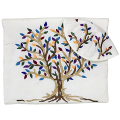 Embroidered Raw Silk Tallit Tree of Life, Multi-Color