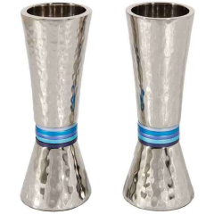 Cone Shaped Hammered Candlesticks, Blue Rings