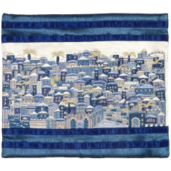 Embroidered Cotton Jerusalem Tallit Set - Blue