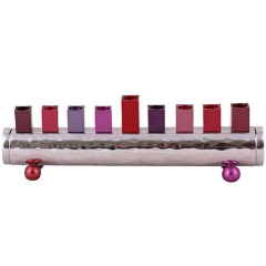 Hammered Tube Hanukkah Menorah, Red, Pink & Purple